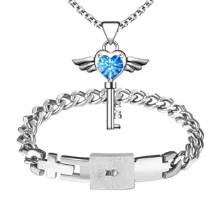 Lock & Key Jewelry Set - Stainless Steel Heart Wings Key Necklace for Her & Lock Bracelet for Him Adjustable Promise Couple Set for Valentine’s Day Anniversary