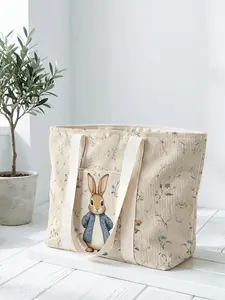 1 piece of 2D printed tote bag, Casual commuter bag with a rabbit and floral pattern, large capacity space|perfect for commuting/shopping/going to work|carry the gentleness and faith of Easter in your hands, Easter