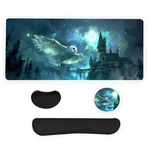 Magic Castle Owl Pattern Mouse Pad & Keyboard Wrist Rest & Mouse Pad & Coasters Set (4 Counts/set), Desktop Accessory, Ergonomic Wrist Support, Waterproof Computer Mat, Suitable for Home Office Gaming
