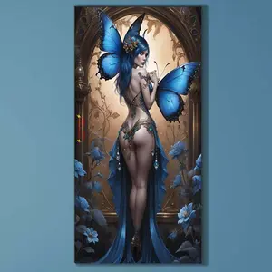5D DIY Full Drill Round Diamond Painting - Diamond Art Kit Blue Butterfly, Dreamy Flowers, Long Dress Mosaic, Canvas - DIY Decorative Painting, Home Wall Decor, Perfect for Halloween, Christmas, Birthdays, Anniversary, Handmade Gifts, Diy Craft Supplies