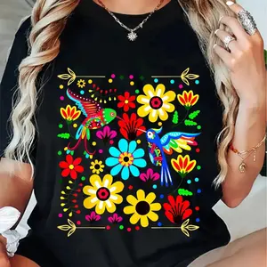 100% Cotton Floral Bird Otomi Mexican Style Mexicano Mexicana T-Shirt