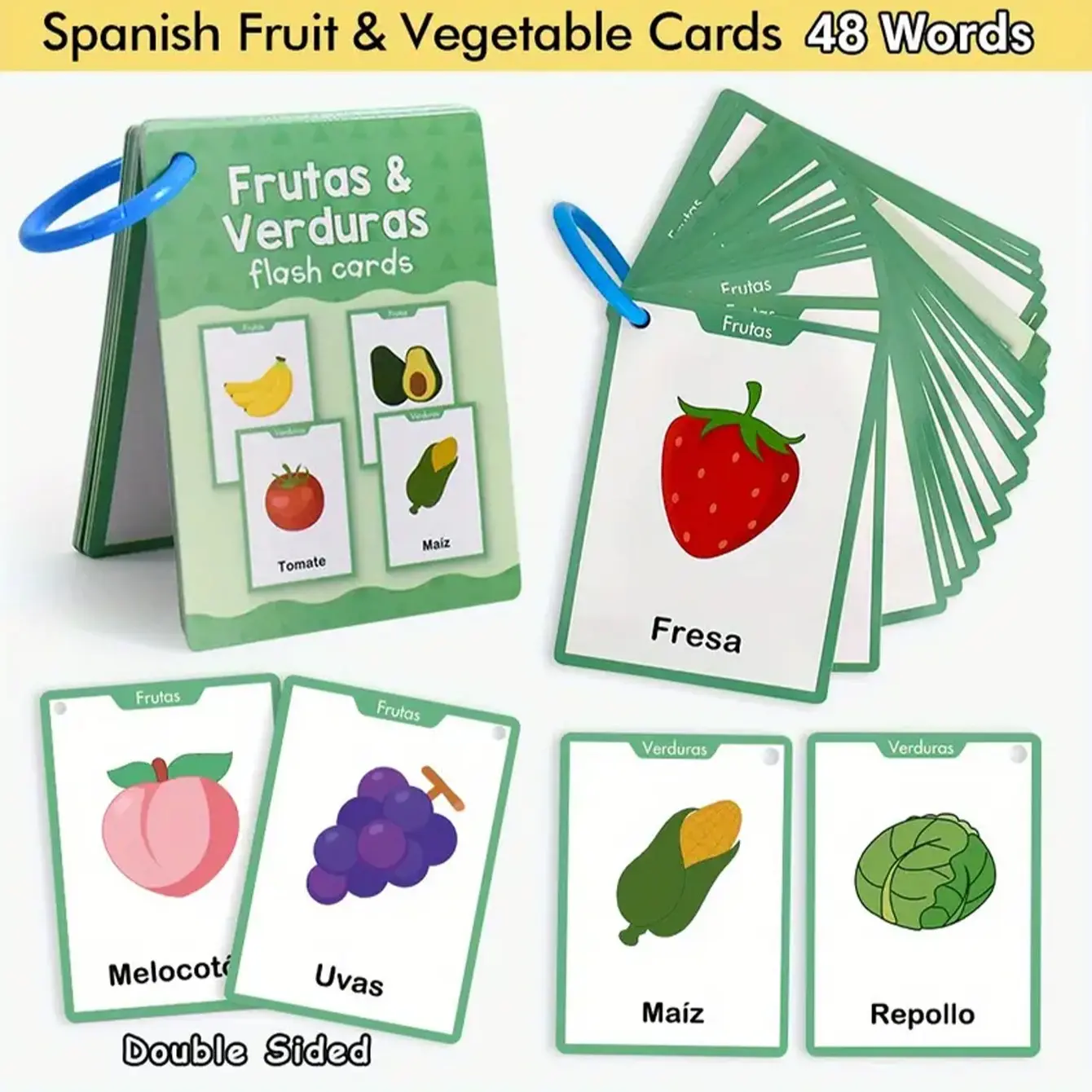 Spanish Learning Flashcards Set, Toddler Flash Cards, Reusable Visual Vocabulary Cards for Fruits Education Birthday Gift, Family School Kindergarten Fun Learning