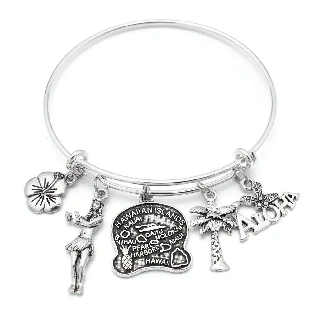 Aloha Hawaii Charm Bracelet – Silver Expandable Bangle with Hula Dancer & Palm Tree Charms | Island Jewelry | Hawaii Gift