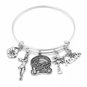 Aloha Hawaii Charm Bracelet – Silver Expandable Bangle with Hula Dancer & Palm Tree Charms | Island Jewelry | Hawaii Gift