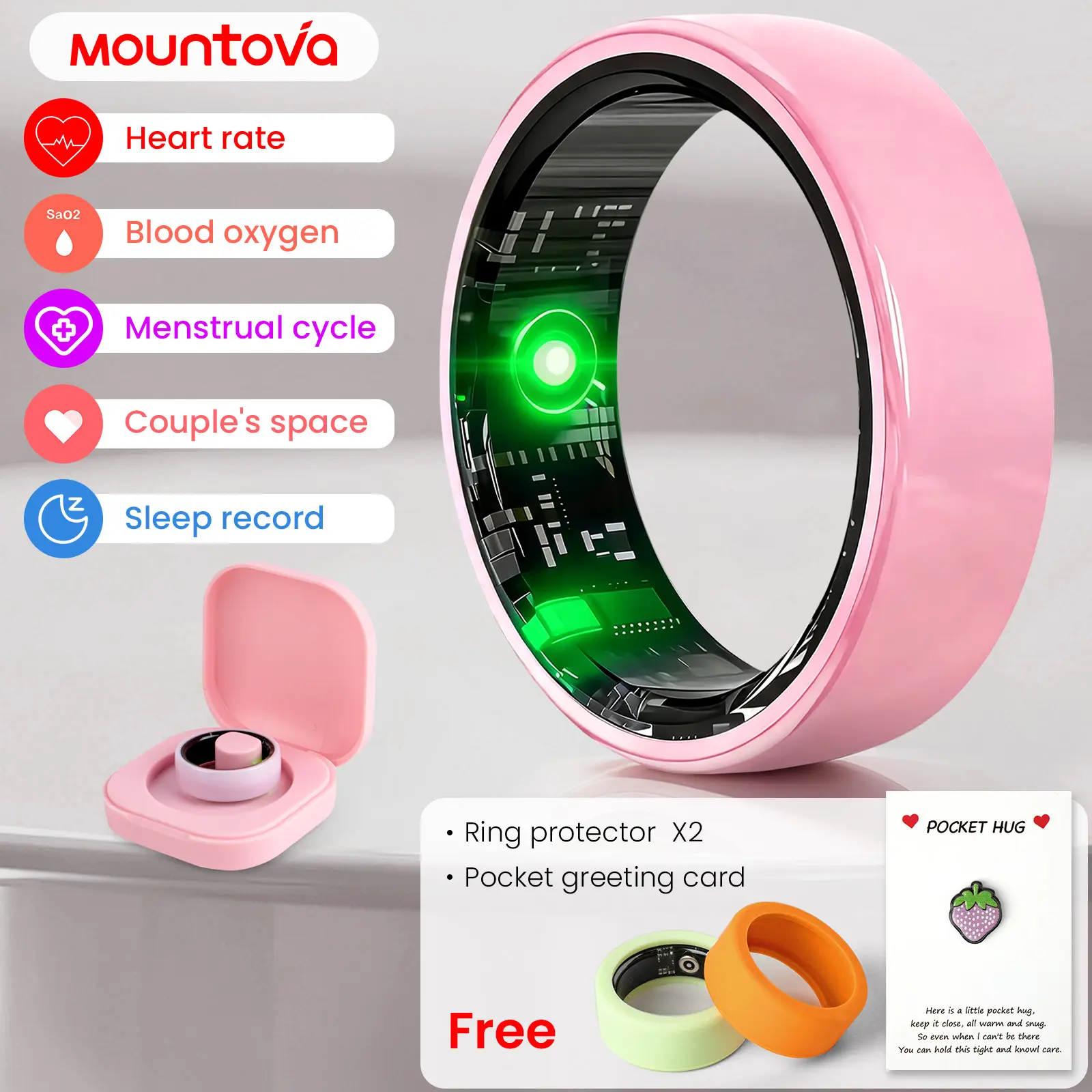 #6-#11 Pink, White & Black Ceramic Smart Ring for Women & Men, IP68 Waterproof Health Tracker, Heart Rate, Blood Oxygen, Sleep, Temperature, Stress & Women's Cycle Monitor, 5-7 Day Battery, iOS & Android, Charging Case, Couple Gift