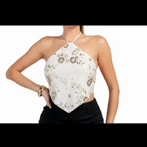 Halter Neck Top with Elegant Floral Embroidery and Adjustable Straps for Women