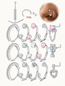 Rhinestone Horseshoe Nose Rings, Hypoallergenic 316L Stainless Steel 18/20 Gauge 8mm Hoops, Internal Threaded Ideal for Nose, Cartilage, Tragus, Helix & Lip Piercing Nose Piercing Jewelry With Piercing Ball Grabber Tool