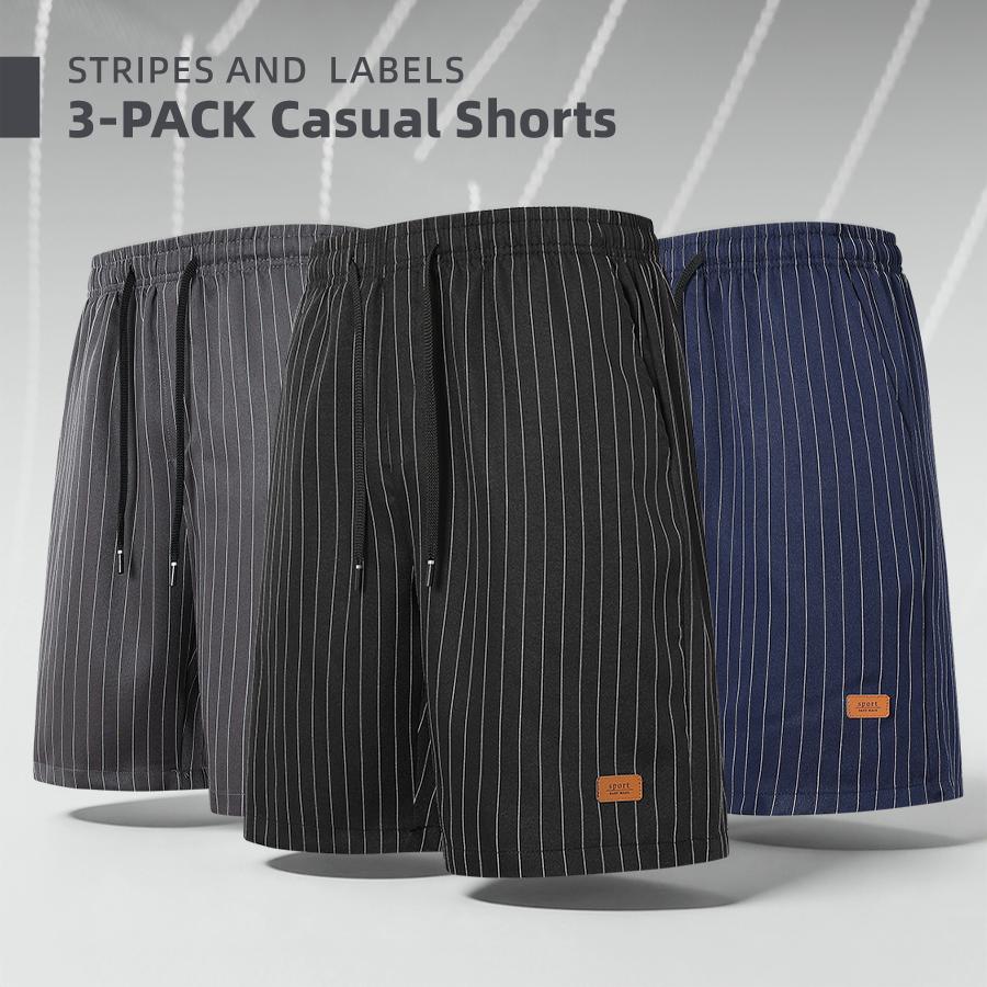 3-pack men’s casual shorts with vertical stripes, loose straight cut, drawstring elastic waistband, minimalist retro style, versatile for everyday commuting