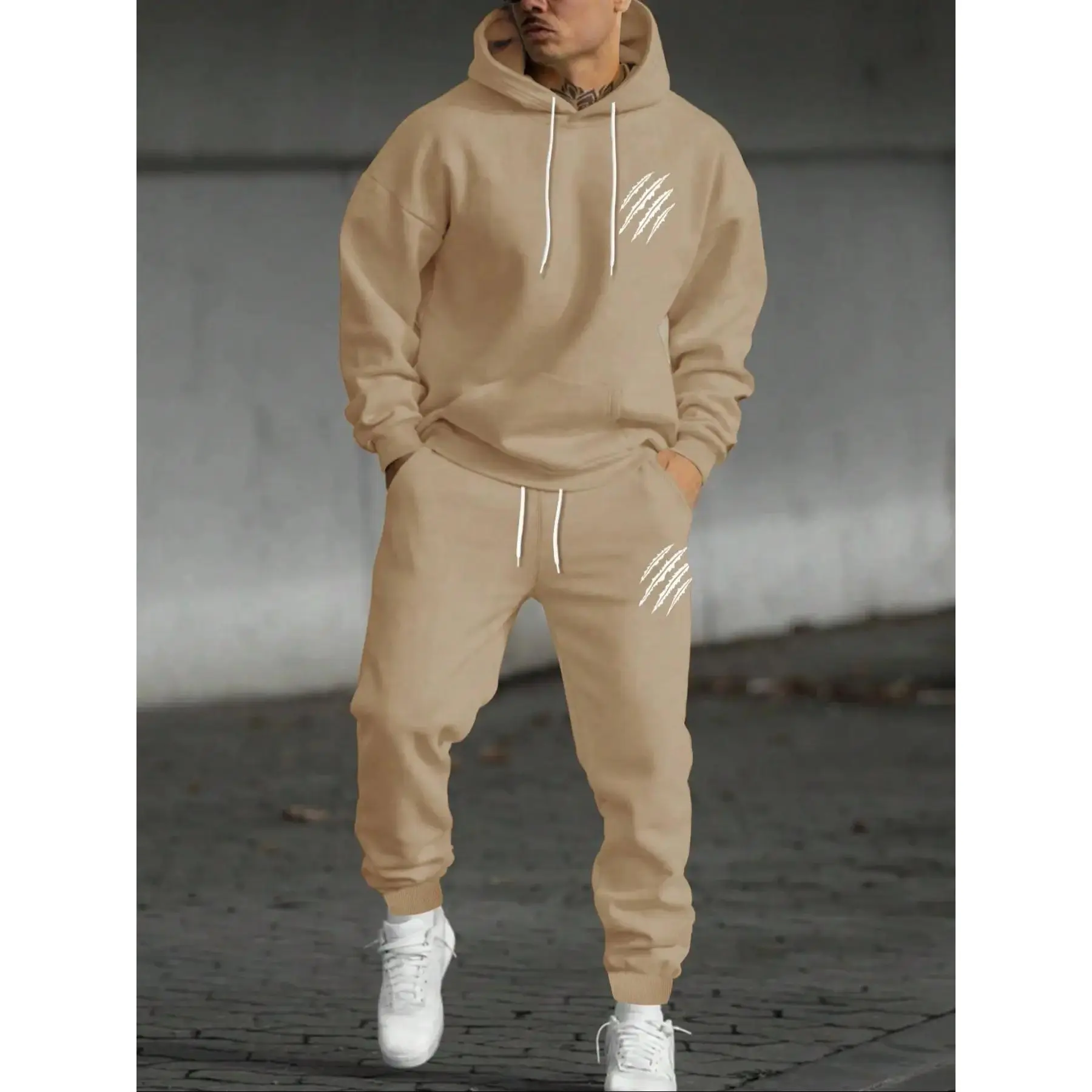 Men's Preppy Style Hooded Sweatshirt Set, Casual Long Sleeve Graphic Pullover, Tracksuits, Fitted Fall & Winter Sports Wear, Trendy Clothing, outfits, Streetwear Tracksuit Athleisure Sets contemporary timeless