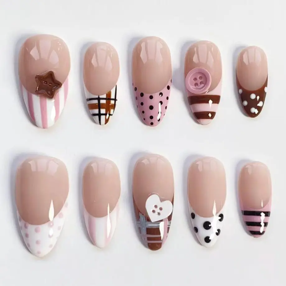 Pink polka dot nails/Kawaii Nails/button nails/press on nails long almond nails/Cute nails/Brown striped nails/Birthday nails/Pink Nails