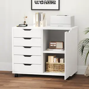 5-Drawer Wood File Cabinet, Mobile Printer Stand with Adjustable Shelf & Wheels, Storage Shelves for Home Office