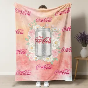 Diet Coca-Cola Floral Blanket – Elegant Design Featuring a Silver Can Surrounded by Roses & Daisies on a Soft Pink Watercolor Background, Perfect for Soda & Aesthetic Lovers