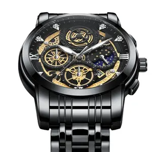 Fashionable Men's Watch with Sun Moon Stars Design Hollow Calendar Tourbillon Quartz 41mm Dial 30M Waterproof Stainless Steel Strap Sports Watch wrist automatic waterproof date function ootd
