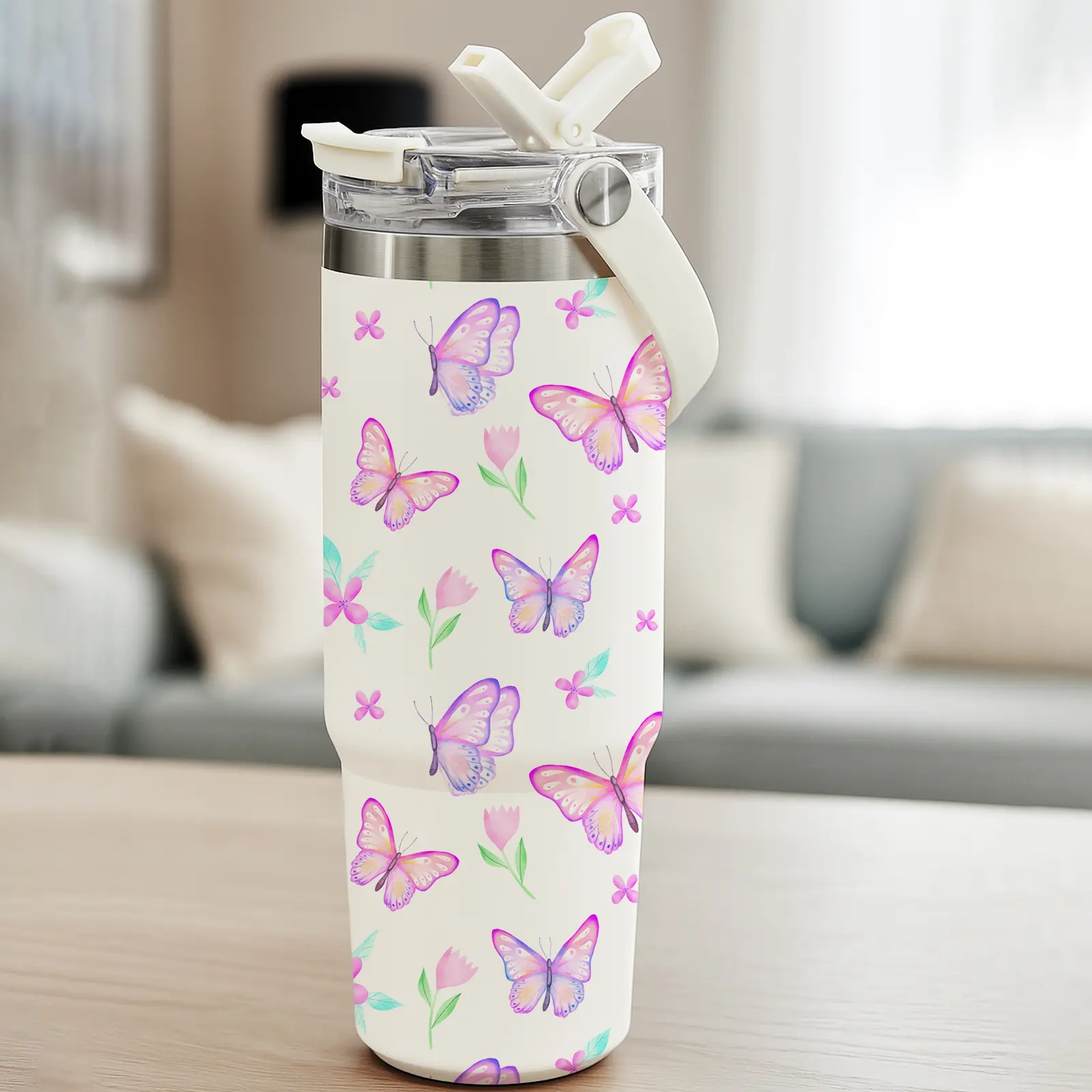 Auracup 1pc 30oz Insulated Thermo Tumbler, Insulation Drinkware, Pink Butterfly Floral Design, with Lid and Straw, Keep Hot 12H / Cold 24H, Great for Home, Office, Travel, Gift for Women and Girls, Valentine’s Day Gift, Stainless Steel Flask