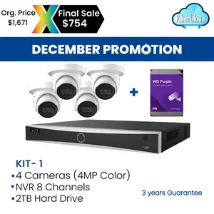 Kit #1 (4 Video & Audio Cameras) with 8MP Color Cameras, NVR 8 Channels, 2TB Hard Drive, 3-Year Warranty, Price $1,761