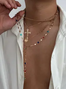 4-Piece Vintage Metal Cross Y-Shaped Long Statement Necklace Set, Bohemian Style Colorful Crystal Pendants, Perfect for Women Daily Wear & Vacations, Holiday Gift Idea for Friends