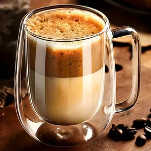 1-2-4pcs simple light luxury double-layer glass coffee cup, mug. Transparent, with portable handle, heat preservation and cold preservation, reusable. Suitable for cappuccino, latte, tea, coffee, matcha, hot and cold drinks, suitable for Easter, Christmas