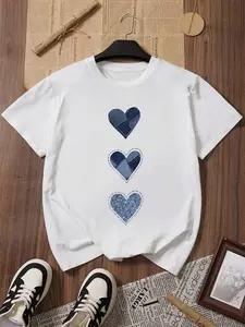 Denim Heart Graphic Tee Women Cute Casual Short Sleeve Crewneck T Shirt Soft Breathable Everyday Outfit Top For Summer Streetwear