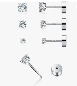3-Pair Moissanite Flat Back Stud Earrings Set | 925 Sterling Silver 18K White Gold Plated | Hypoallergenic Cartilage Earrings