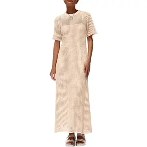 Womens Eyelet Cover Up Maxi Dress Short Sleeve Hollow Out Beach Vacation Resort Sundress