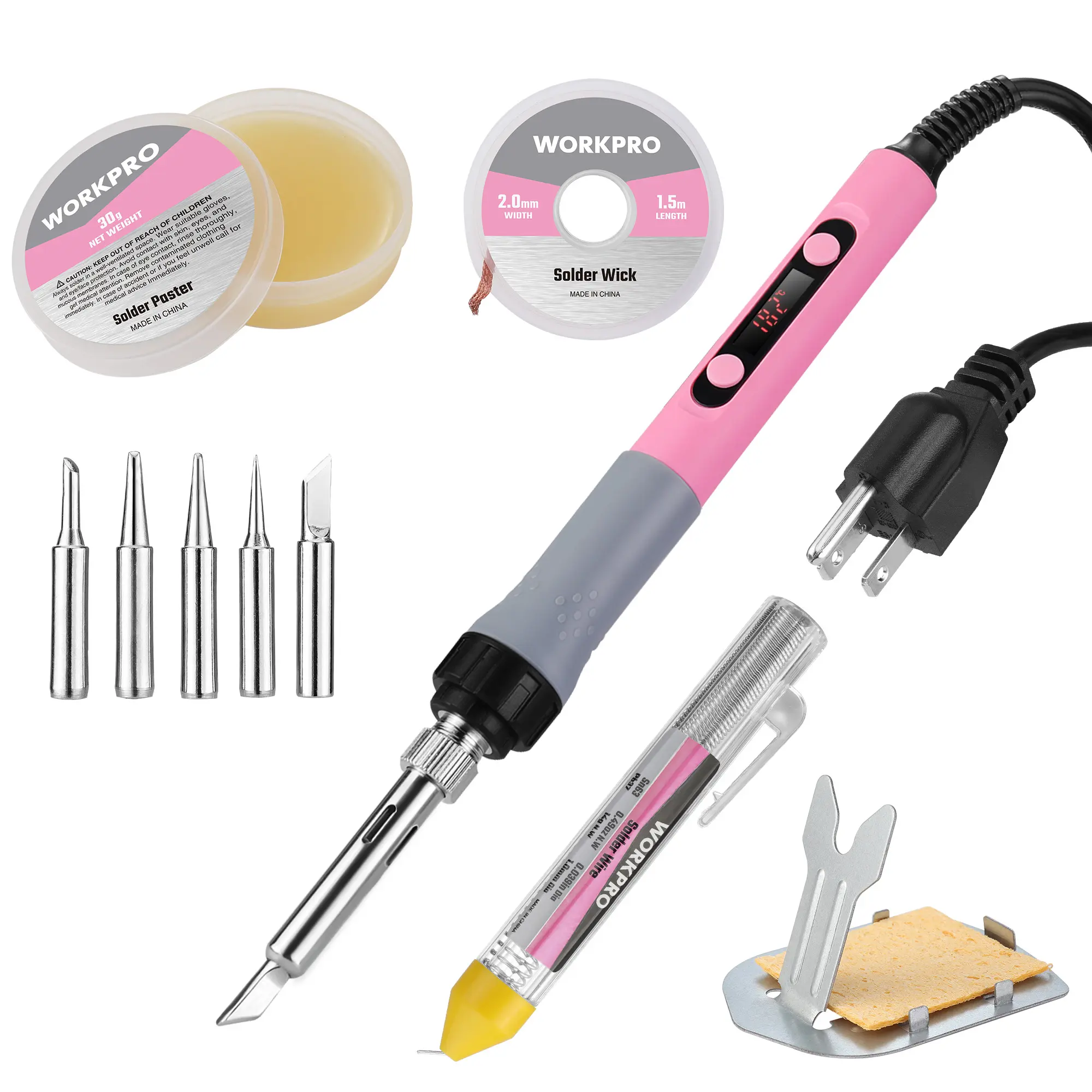 #summersale WORKPRO Soldering Station, 60W Soldering Iron Kit Digital Display, 5 Extra Iron Tips, Precision Temperature Control Solder Station for Electronic Repair, DIY Enthusiasts - Pink Ribbon