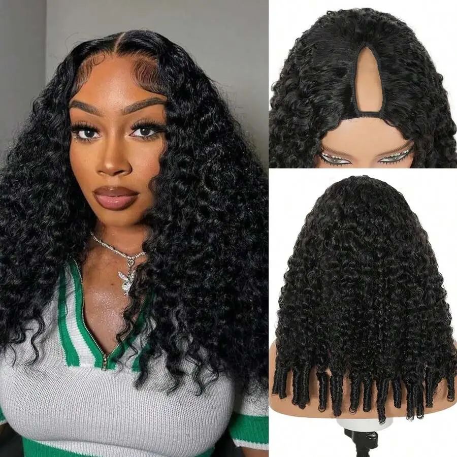 [V Part Drawstring Glueless Wig] MYLOCKME 180% Densiity Burmese Curly  V Part Drawstring Glueless Wig Human Hair No Leave Out Brazilian Deep Wave Human Hair Wigs For Black Women
