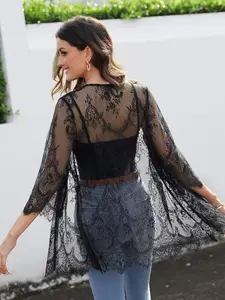 Floral Lace Open Front Kimono - Summer Beach Cover-Up - Lightweight Sheer Cardigan