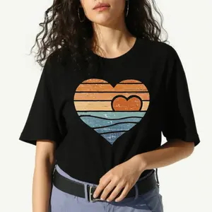 women's T-shirt Heart Sunset Waves Solid color printed short sleeved women's top White, black, khaki Fashion daily women's clothing
