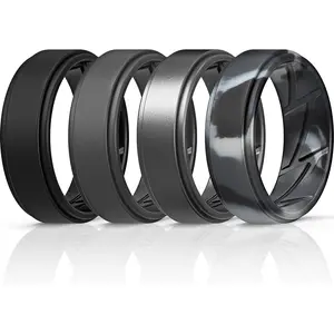 ThunderFit Silicone Wedding Rings for Men Breathable Airflow Inner Grooves - Step Edge Sleek Design Breathable Rubber Engagement Bands - 8mm wide - 2mm Thick