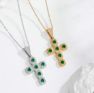 Elegant Inlaid Diamond Halo Emerald Green Zircon Cross Necklace, 14K Gold And Silver-Plated Material, Suitable For Jewelry To Express Religious Beliefs, Suitable As An Anniversary, Thanksgiving, Birthday Or Christmas Gift stack long chain men fashion