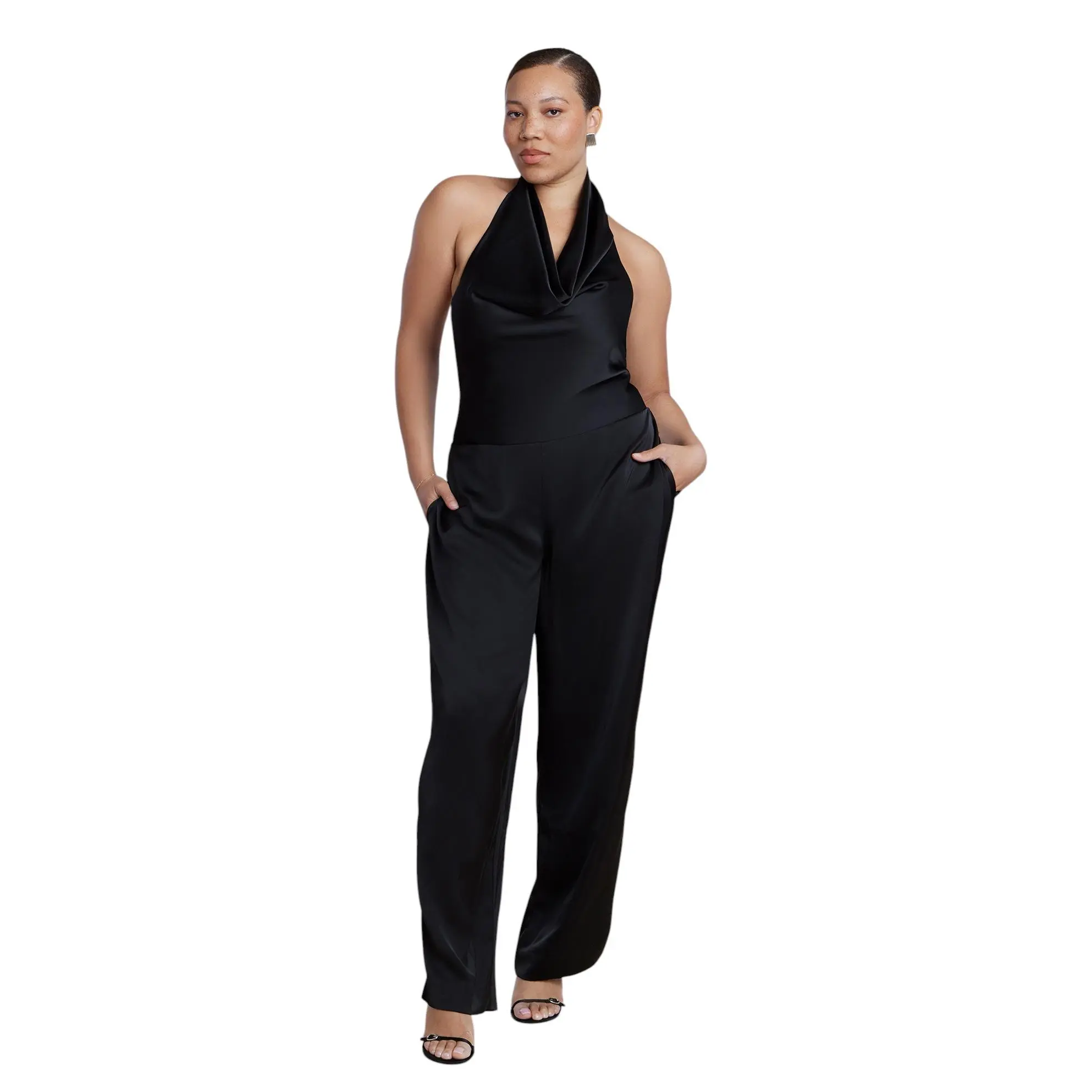 ELOQUII Women's Plus Size Halter Cowl Neck Satin Jumpsuit