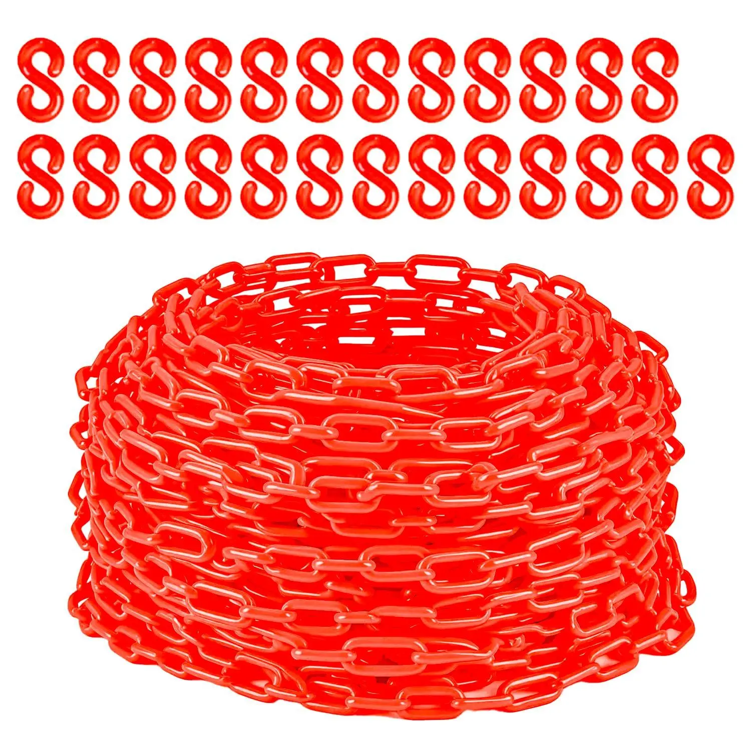 120FT Plastic Barrier Chain with 25 Hooks, UV-Resistant Safety Chain for Crowd Control, Parking, Driveways & Construction, Red