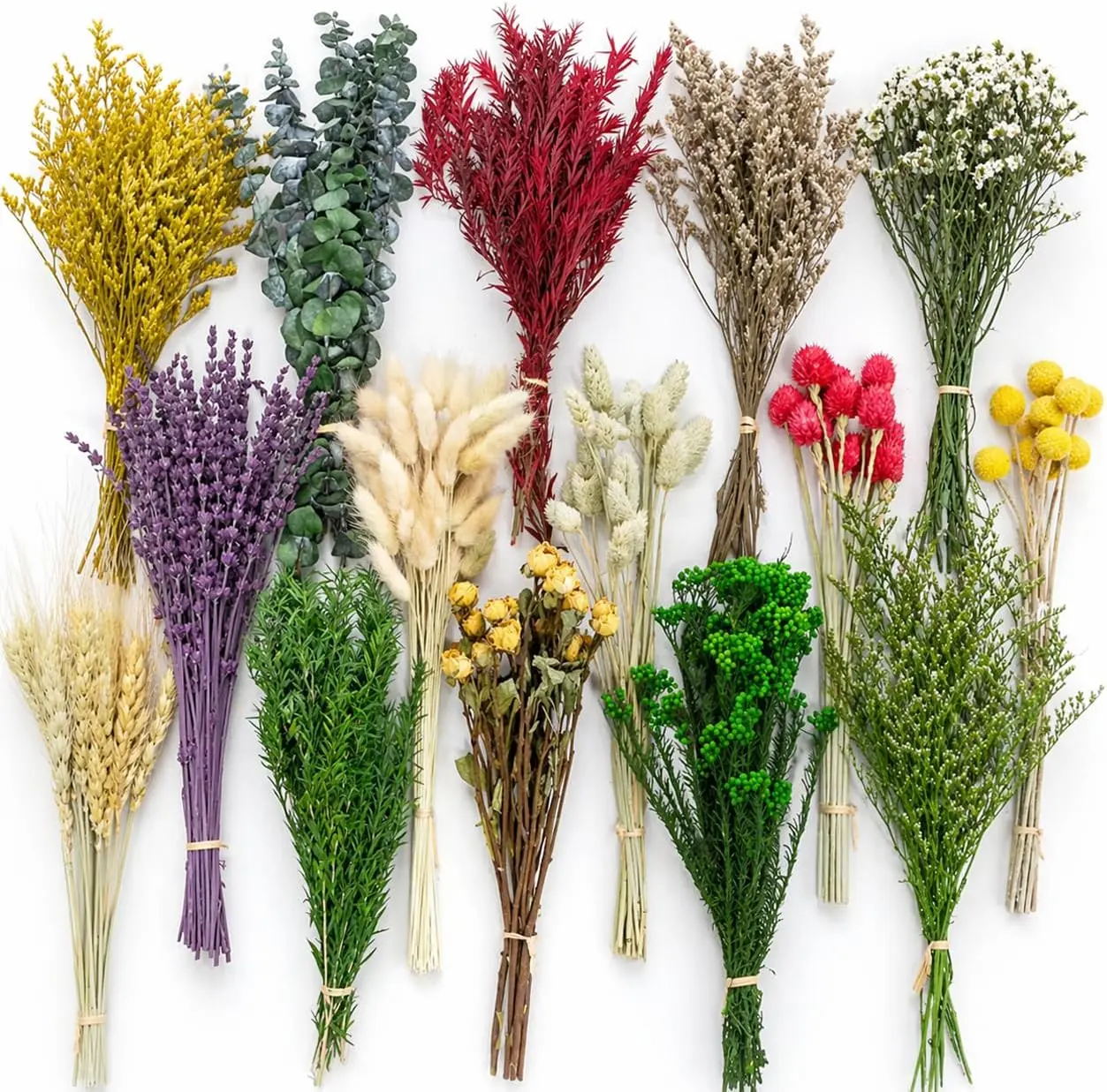 15 Kind Natural DIY Dried Flowers Set - 110Pcs Preserved Floral Bouquet with 12" Lavender, Eucalyptus, Bunny Tails, Dried Roses for Home Decor, Wedding, Gift Crafts, Vase, Handmade Flower Arrangement