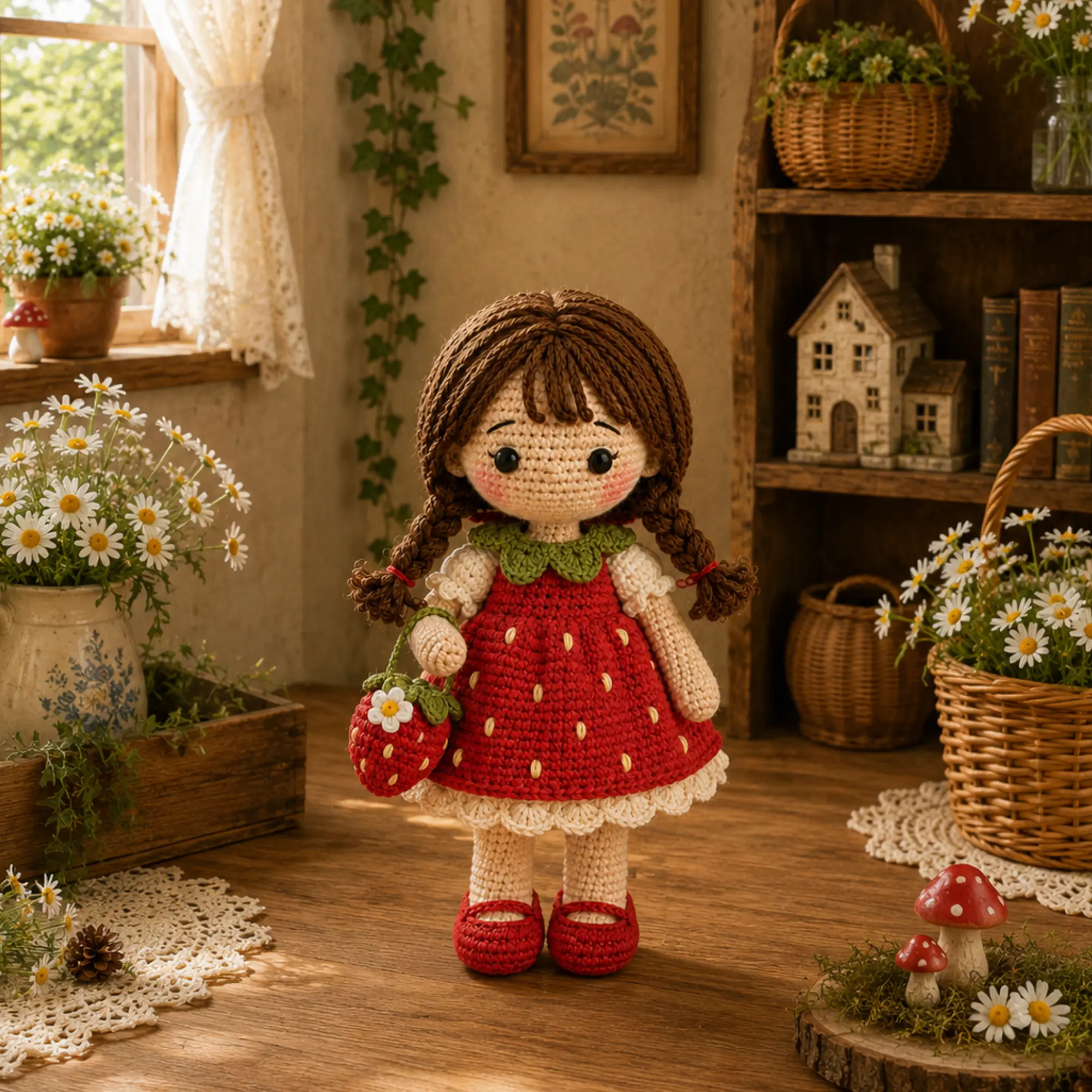 Handmade Crochet Cottagecore Doll, Amigurumi Plush Doll, Cute Farm Girl Doll, Strawberry Sunflower Duck Mushroom Doll, Soft Crochet Toy, Collectible Handmade Gift, Room Decor