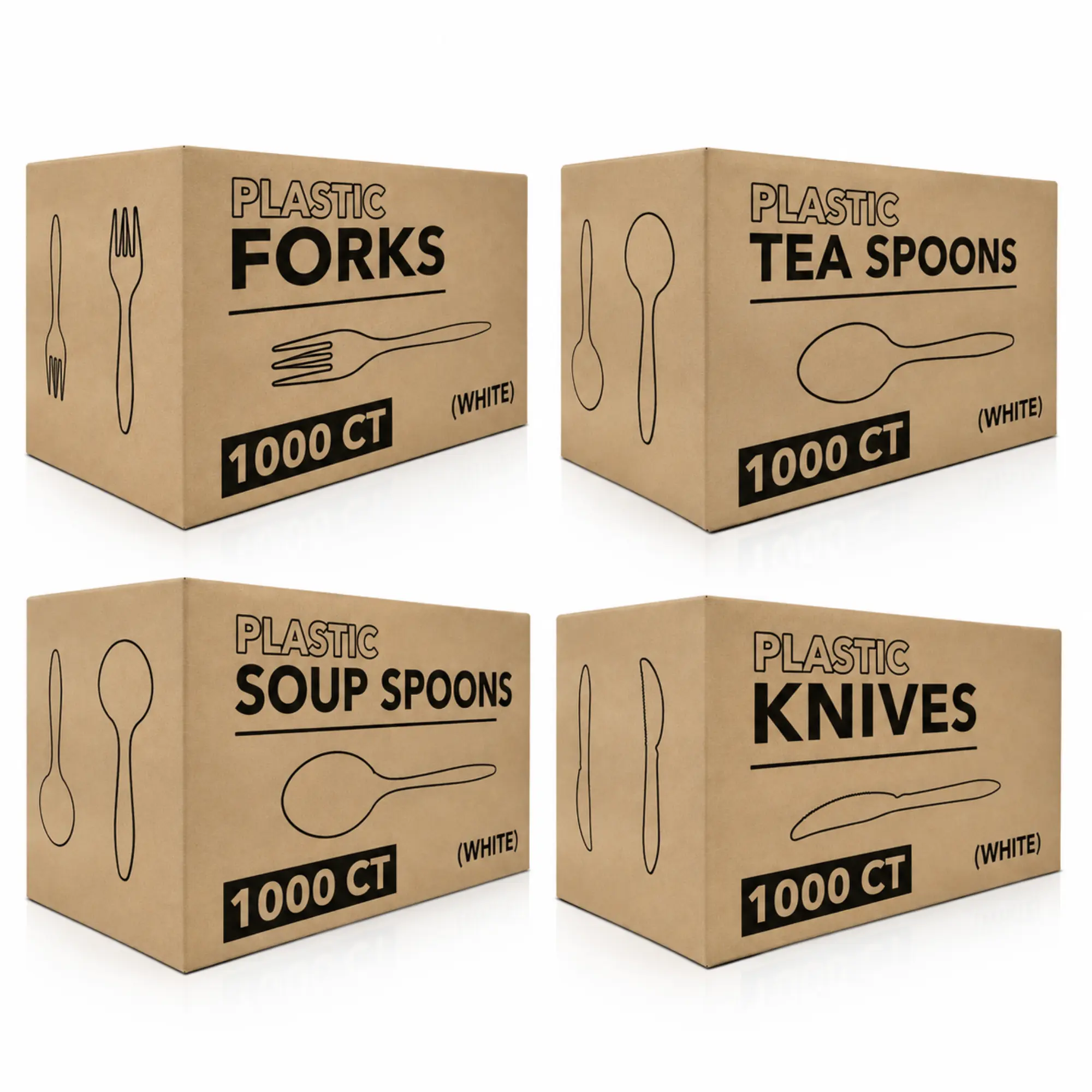 WHOLESALE VeZee White Medium Weight Disposable Plastic Cutlery Pack, 1000-Count Forks, Tea Spoons, Soup Spoons & Knives - Heavy Duty Food Safe Utensils for Parties, Catering, Home Use, Lightweight