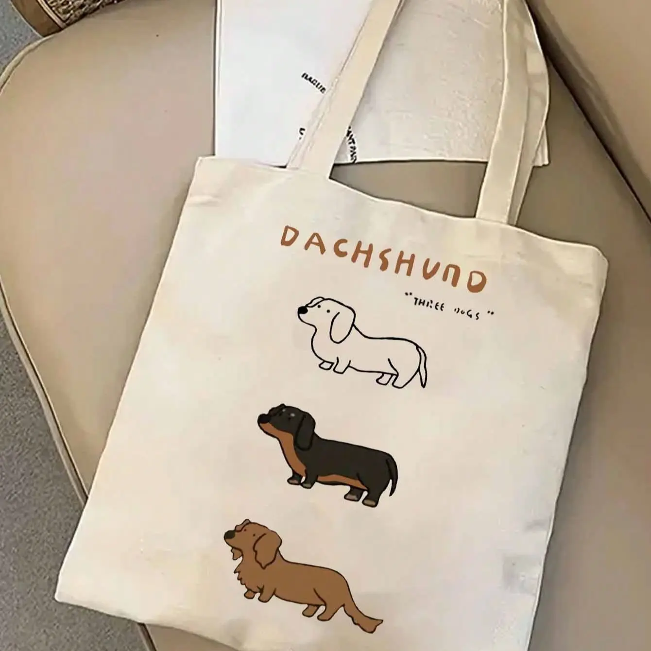 Canvas Handbag with Three Sausage Dog Puppies Print, Large Capacity Shoulder Bag, Perfect for Shopping and School, Girls' Gift