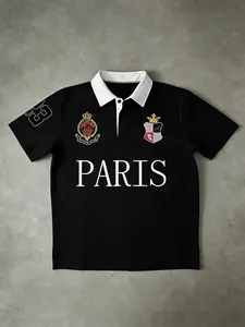 Trendy PARIS Badge, Graphic Contrast Collar Polo Shirt - Oversized Fit With Button Placket, Featuring Bold "PARIS" Lettering And Decorative Crown Badges, Ideal For Daily Wear, Street Style Outings, Casual Hangouts - Unisex Polo Wit