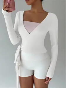 Women's Multicolor Yoga Fitness Front-Tie V-Neck Long Sleeve Cropped Tee, a minimalist and elegant essential for spring and autumn seasons, Gym Workout Tops, Yoga Clothes, Fitness Shirts