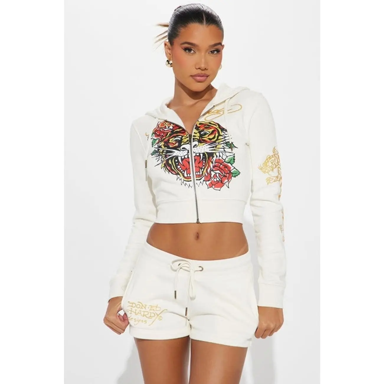 Women's Ed Hardy Tiger Rose 2-Piece Casual Short Set - Ivory C, Hoodie Sweatshirt Top, Drawstring Graphic Bottoms Clothes