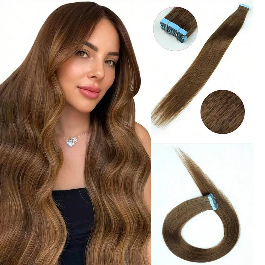 Jessie's Wig #6 Light Golden Brown 20pcs Straight Tape In Human Hair Extension 16-26Inch For Salon Silky Seamless Invisible For Thin Hair Woman Natural Look #SummerWins #DealsForYouDays