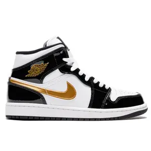 Nike Air Jordan 1 Mid Patent Black White Gold 852542-007 Men's Fashion Sneaker New