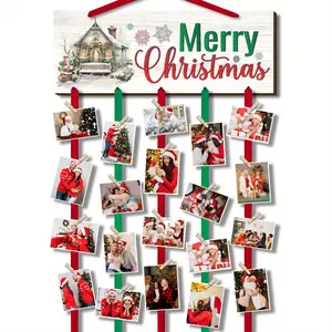 Wooden Photo Frame, 1 Set Christmas Card Display Stand, Farmhouse Merry Christmas Photo Show, Wall Hanging Sign with 20 Clips for DIY Rustic Photo Frame, Ornaments