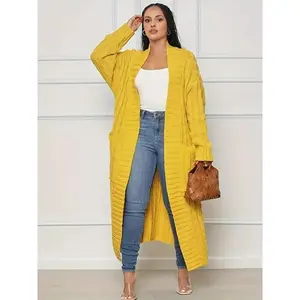 Women's Solid Drop Shoulder Pocket Cable Knit Long Cardigan, Casual Long Sleeve Open Front Knitwear for Fall & Winter, Women's Knit Clothing for Daily Wear