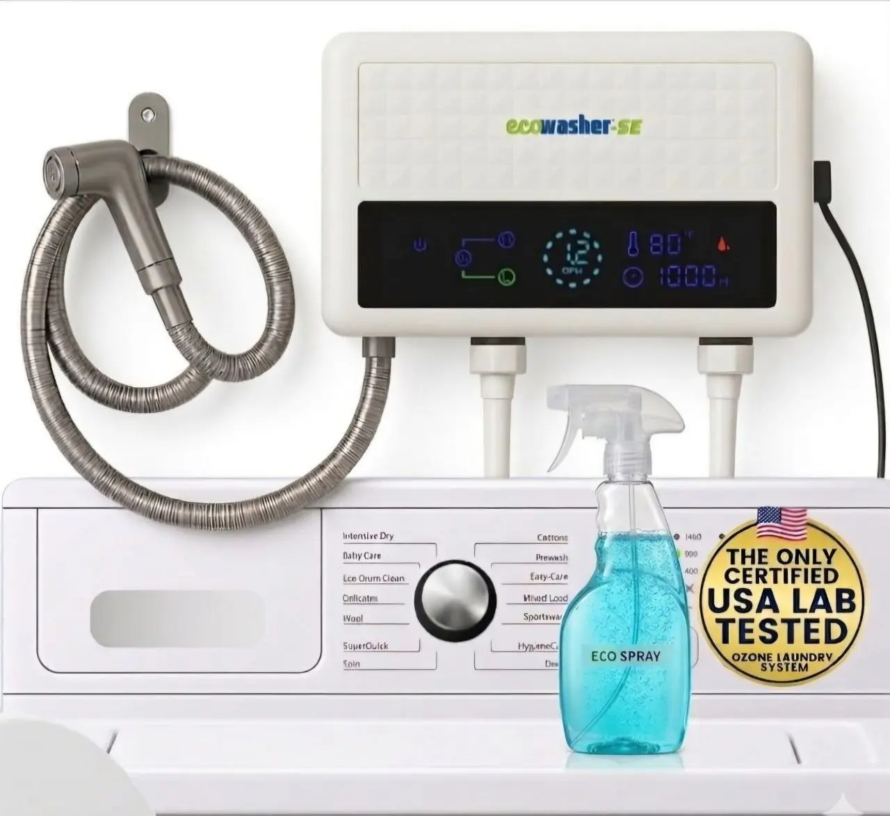 EcoWasher SE #1 Hard Water Detergent Free "Ozone+Ionization+Magnet" Powered Laundry System | Thousands Sold |Raving Reviews |2 Ozone Settings | Stainless Sprayer | As Seen Fox News