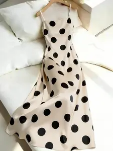 Women's Minimalist Soft Polka Dot Dress, Medium-Length Sleeveless Summer Dress, Cream and Colors, Woven Fabric, Ffwj2625