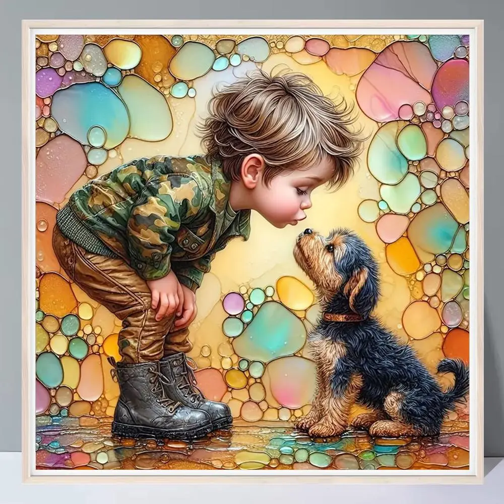 Cute Teenager and Pet Dog Pattern DIY Diamond Arts Colorful Painting Kit without Frame, DIY 5D Diamond Arts Colorful Painting Kit, Wall Art Decor for Home, Diamond Pattern Design