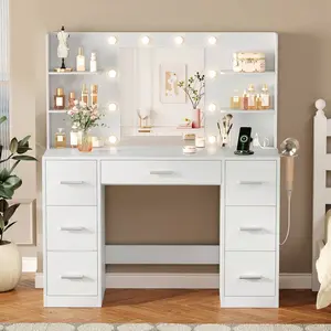 34.8" Elegant Makeup Vanity Desk With Sliding Lighted Mirror & Touch Control 3-Color Adjustable Lights, 4-Drawer Dressing Table Set With Stool, Storage Shelves – Modern Space-Saving Furniwell 43" Vanity Desk Set With Power Outlet,