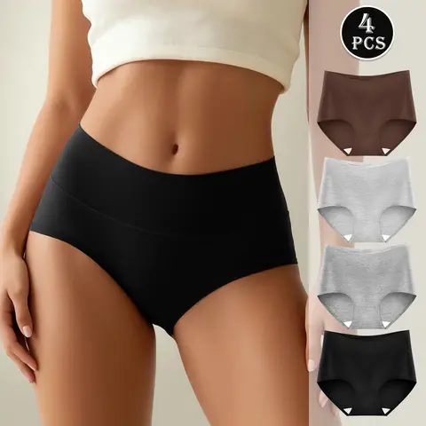 Hotcom Women's High-Waisted Seamless High CompressionBriefs - Basic, Soft, Smooth Cotton Underwear for Womenwith Full Coverage, Matching Everyday Womenswear (4-Pack)
