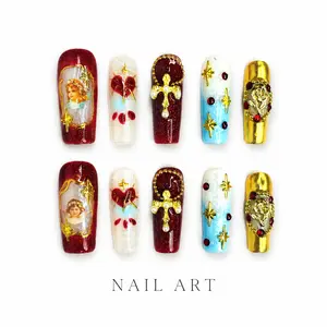 Luxury Baroque Press-On Nails - Long Coffin with 3D Angel, Cross, and Rose Embellishments, Dark Red and Gold Acrylic False Nails Set
