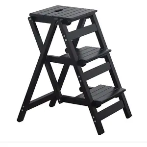 Step Stool for Adults/Step Ladder/Counter Chair, 3-Step Folding Portable Wooden Step Stool, Anti-Slip & Lightweight (Black)